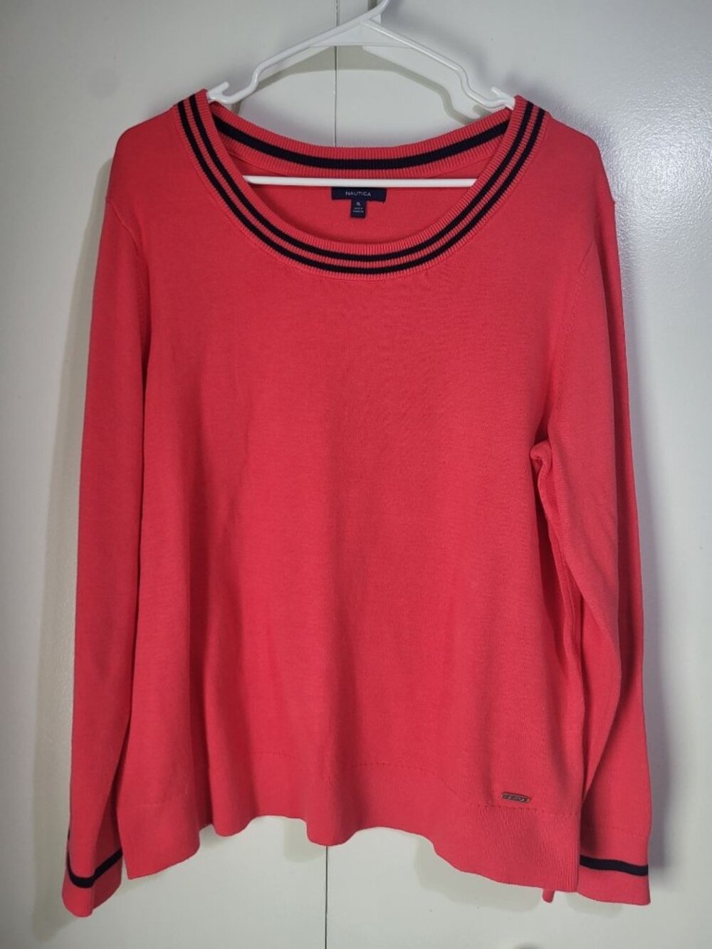 Nautica Womens XL Paradise Pink Navy Blue Sweater Coastal Preppy Minimalist